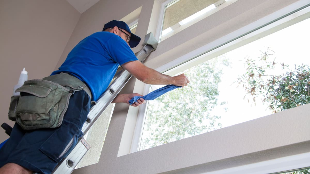 ViewPoint LLC team member cleaning second-story windows with a water-fed pole