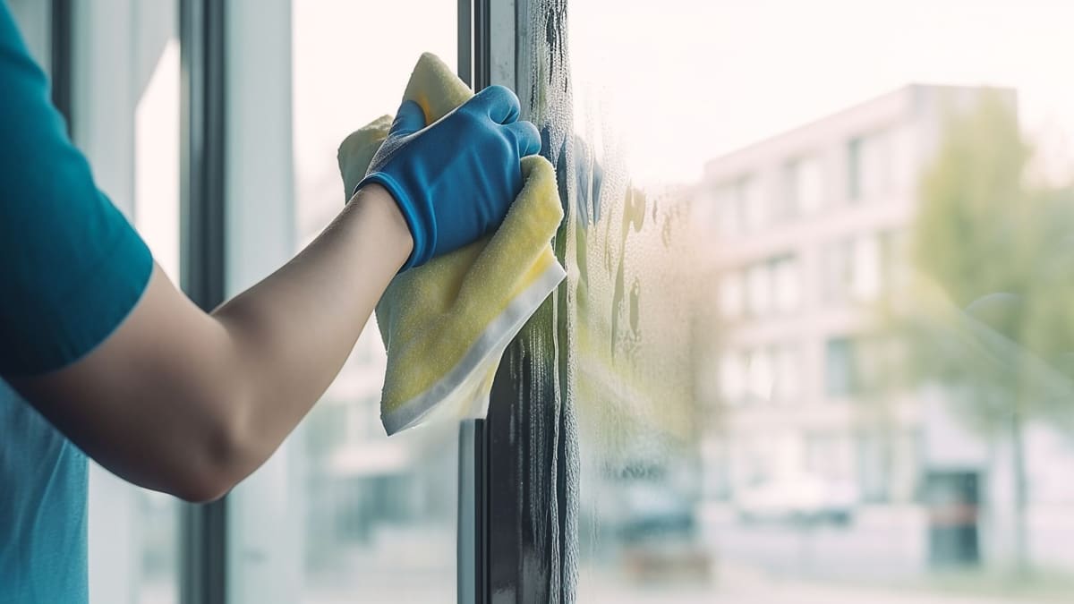 Technician wiping commercial glass to a streak-free finish