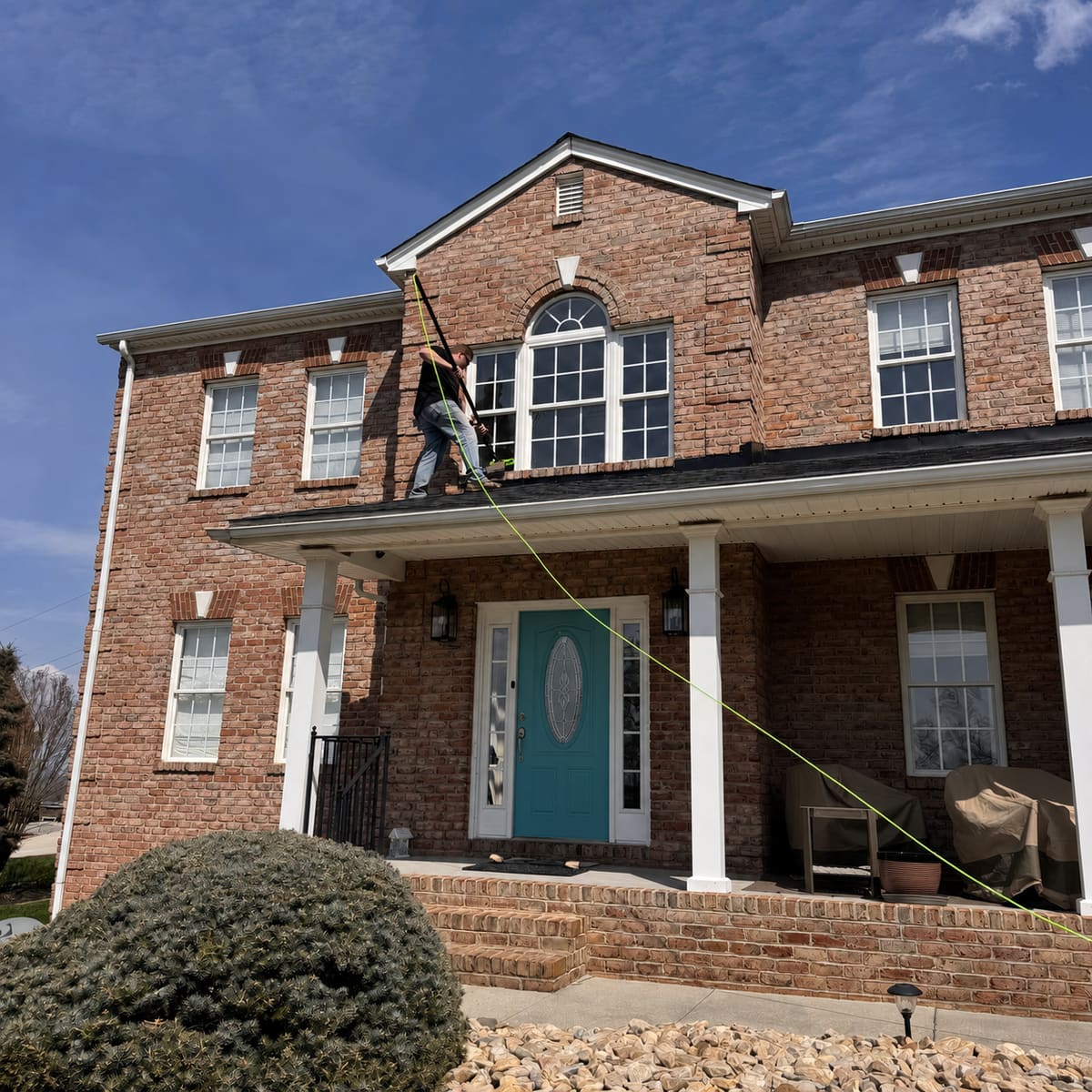 ViewPoint technician cleaning second-story windows of a brick colonial home from the porch roof