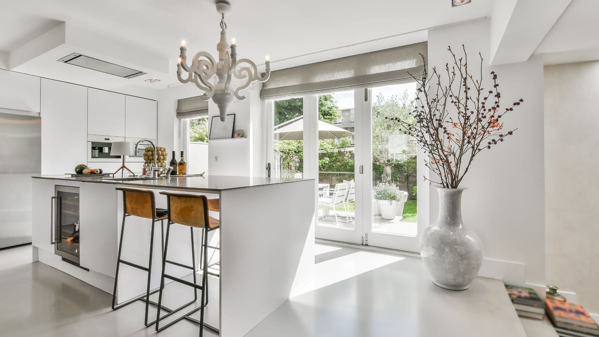 Sparkling clean kitchen windows and French doors after interior window cleaning