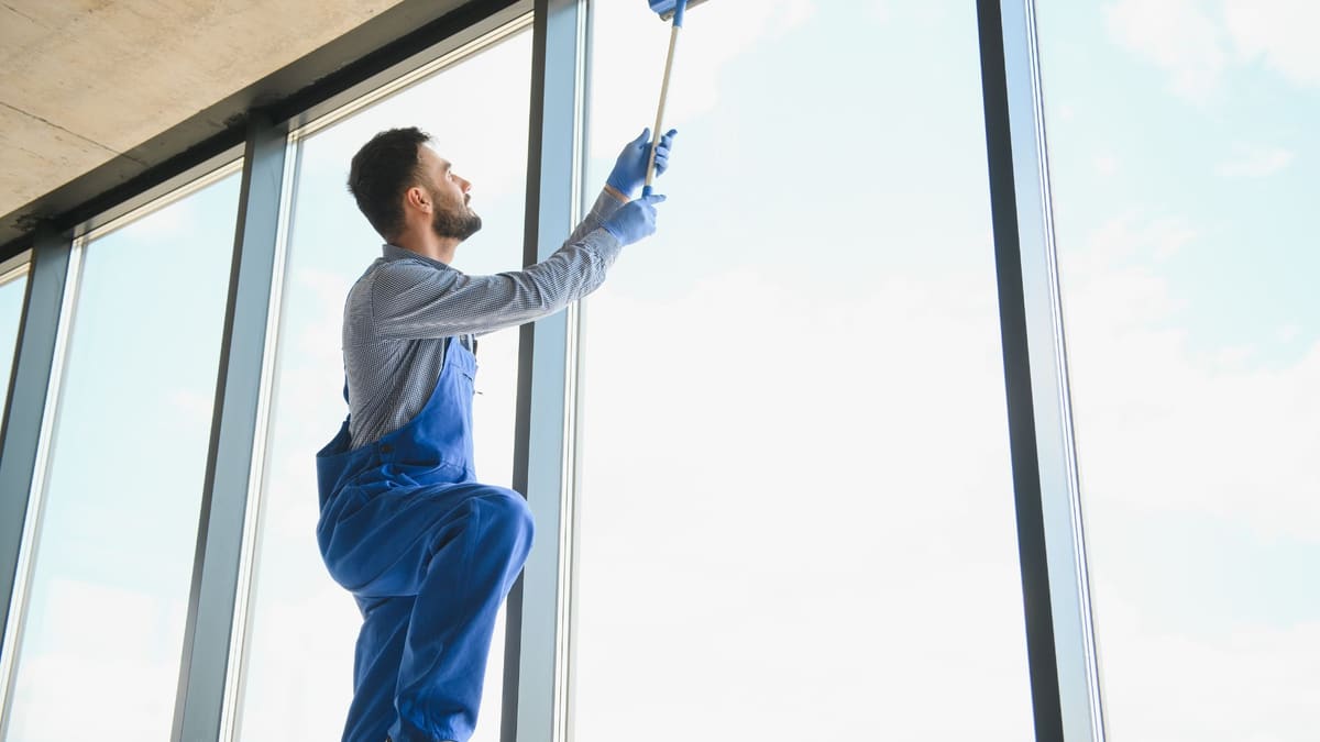Window cleaning professional working on tall office glazing