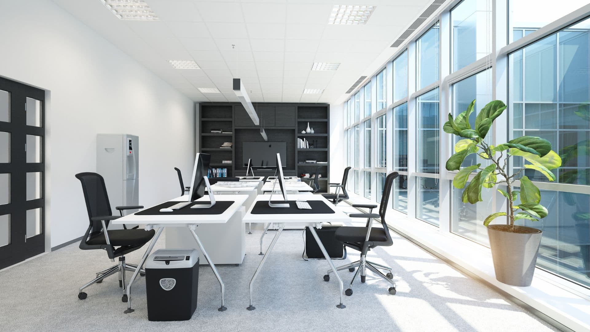 Bright office interior with a full glass wall after professional office window cleaning