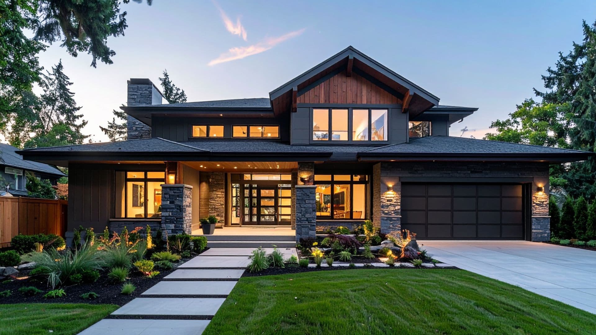 Modern home at dusk with sparkling clean windows after residential window cleaning